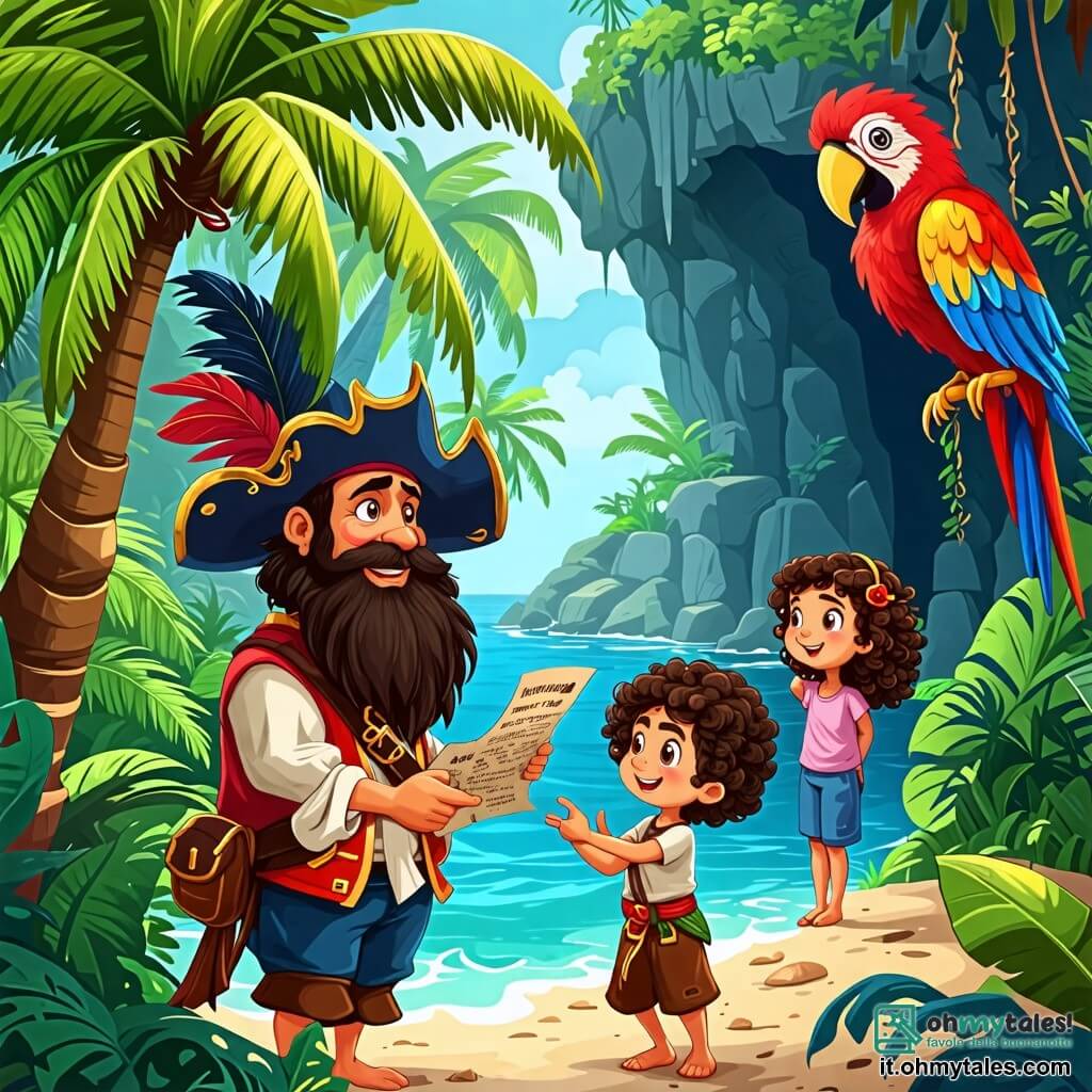 Une illustration sous forme de dessin destinée aux enfants représentant une île tropicale verdoyante avec des palmiers et une caverne mystérieuse, où un homme pirate au regard déterminé, avec une longue barbe noire et un chapeau à plumes, brandit une carte au trésor, tandis qu'une jeune fille astucieuse aux cheveux bouclés et un jeune garçon espiègle avec un sourire malicieux l'observent avec excitation, alors qu'ils se préparent à affronter un grand pappagallo coloré qui garde le trésor caché dans la caverne.