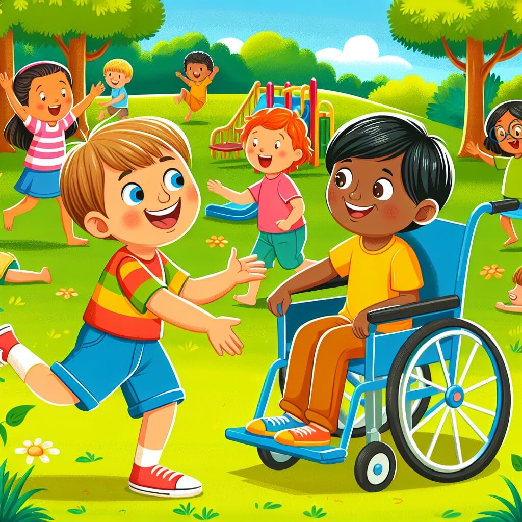 Une illustration destinée aux enfants représentant un jeune garçon plein de vie, qui découvre l'amitié et l'inclusion lorsqu'il rencontre un autre enfant en fauteuil roulant, dans un parc verdoyant et coloré où les enfants jouent joyeusement.