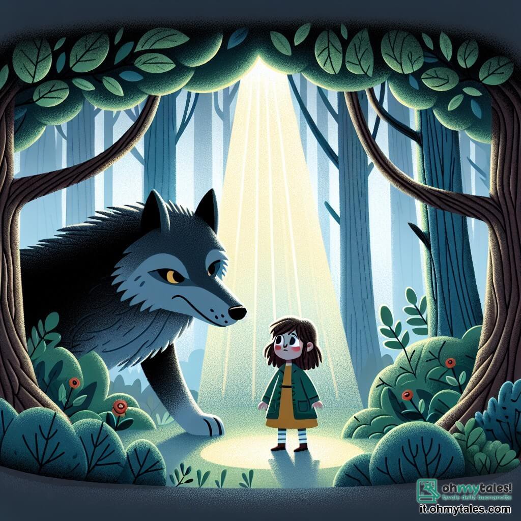 Une illustration destinée aux enfants représentant une jeune fille timide et courageuse confrontée à un grand loup menaçant dans un mystérieux et dense bosquet aux arbres touffus et aux rayons de soleil filtrant à travers les feuilles.