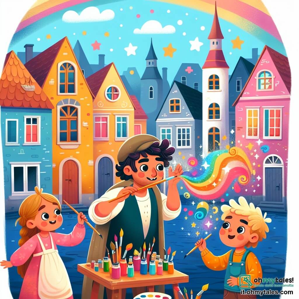 Une illustration destinée aux enfants représentant un homme artiste talentueux créant des œuvres magiques avec des couleurs vives, accompagné de deux enfants curieux, dans une petite ville colorée avec des maisons pittoresques et une place centrale animée.