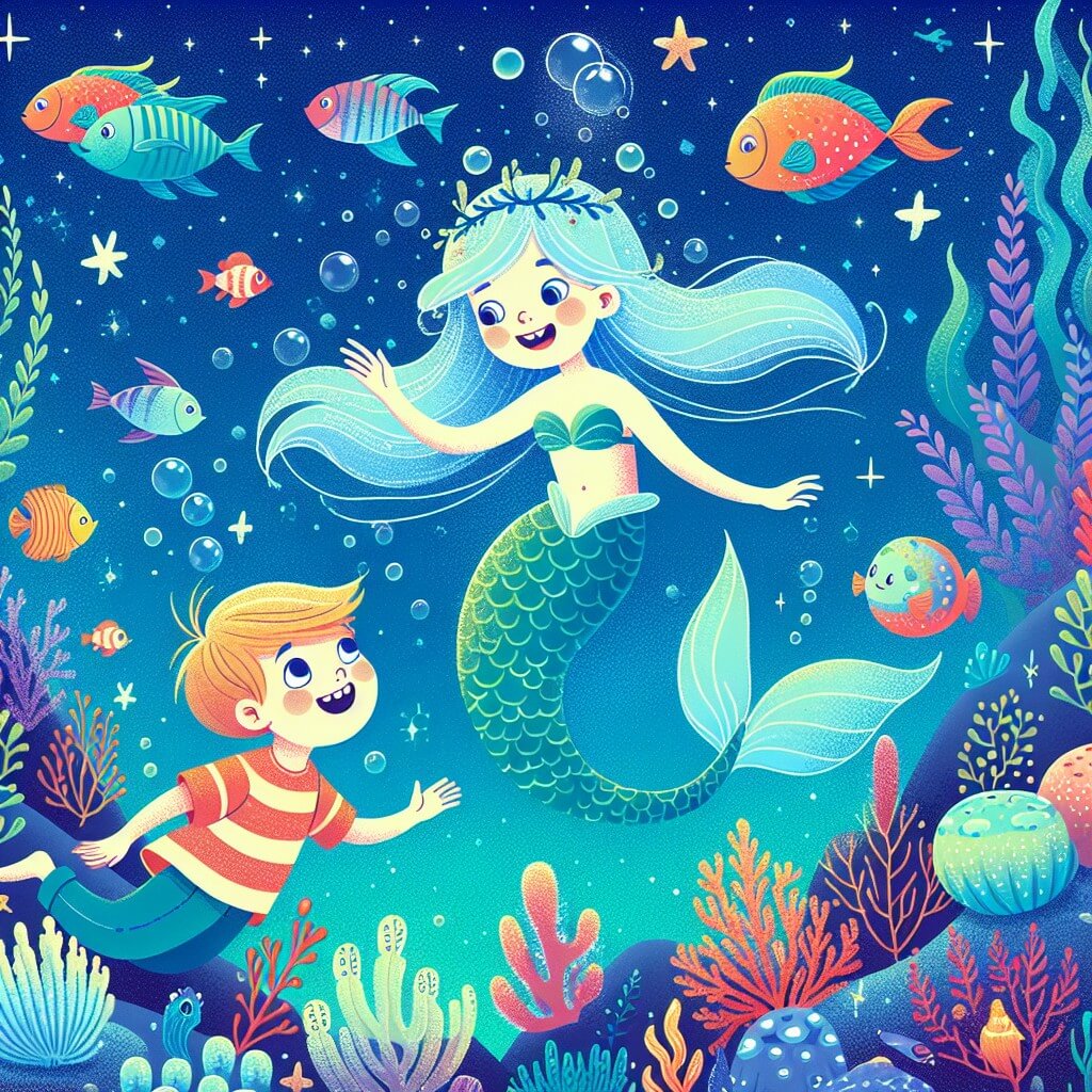 Une illustration destinée aux enfants représentant une magnifique sirène aux longs cheveux bleus, nageant joyeusement aux côtés d'un jeune garçon curieux, dans un royaume surnaturel sous-marin rempli de coraux colorés, de poissons étincelants et de plantes marines dansantes.
