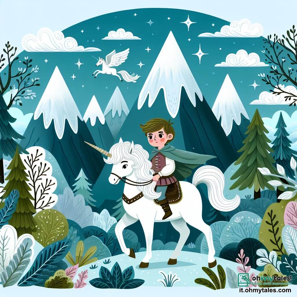 Une illustration destinée aux enfants représentant un garçon intrépide se lançant dans une quête magique accompagné d'un licorne blanche comme la neige, à travers des forêts enchantées et des montagnes majestueuses du Regno Incantato.