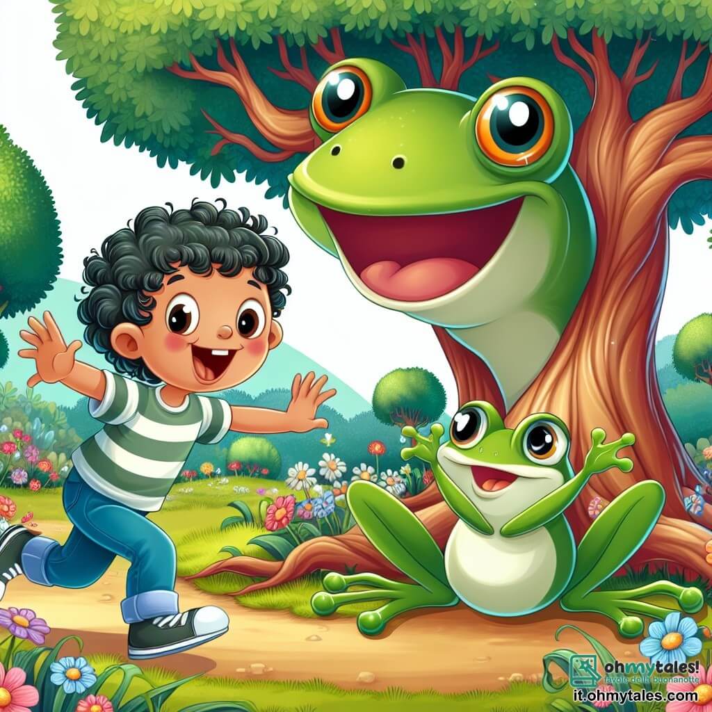 Une illustration sous forme de dessin destinée aux enfants représentant une scène magique dans le Parco degli Alberi Parlanti, où un garçon de 11 ans aux cheveux noirs et bouclés, avec des yeux pétillants d'excitation, danse joyeusement en imitant une grenouille, tandis qu'un grand arbre souriant avec des yeux vifs se penche vers lui, prêt à lui donner un indice pour sa chasse au trésor, entouré de fleurs colorées et d'autres arbres qui semblent murmurer entre eux, créant une atmosphère enchantée et pleine d'aventure.