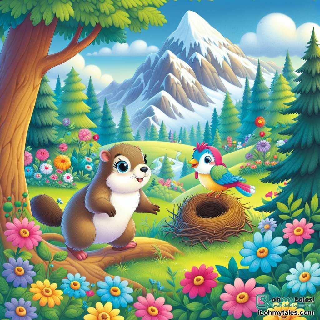 Une illustration destinée aux enfants représentant une marmotte curieuse, une marmotte fille, cherchant un nid d'oiseau perdu avec l'aide d'un oiseau coloré, un oiseau garçon, dans un bois enchanté aux arbres touffus et aux fleurs multicolores, au pied de majestueuses montagnes enneigées.