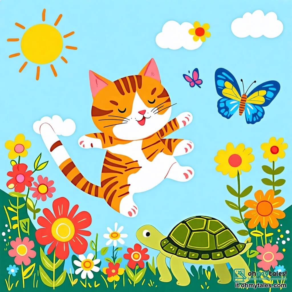 Une illustration sous forme de dessin destinée aux enfants représentant un jardin ensoleillé rempli de fleurs colorées, avec un chat aux pelage rayé orange et blanc qui saute joyeusement parmi les fleurs, tandis qu'une farfalla aux ailes éclatantes de bleu et de jaune vole autour de lui, et une tortue au carapace verte et marron se prélasse sur le sol, le tout capturant l'esprit d'aventure et de camaraderie alors qu'ils s'amusent ensemble sous un ciel bleu clair.