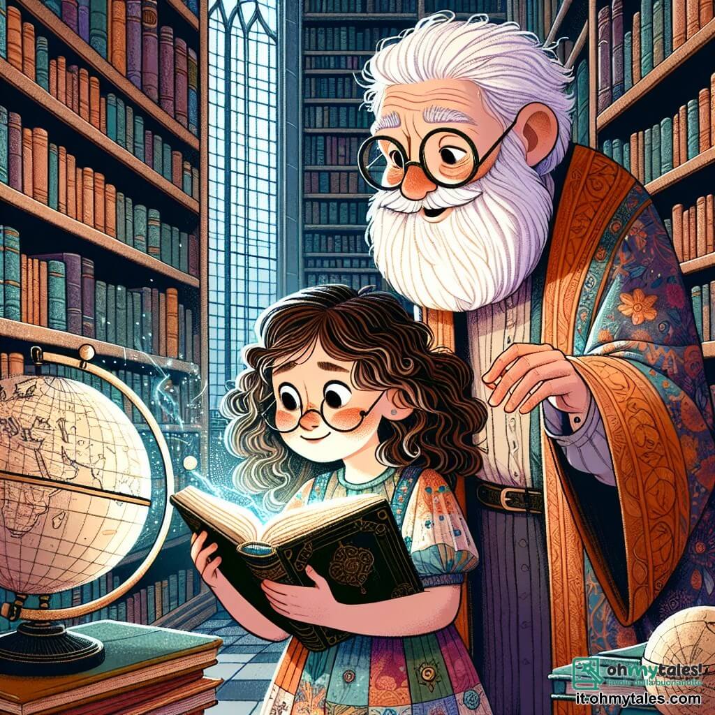 Une illustration sous forme de dessin destinée aux enfants représentant l'intérieur d'une ancienne bibliothèque remplie de livres poussiéreux et de globes terrestres, où une fille de 11 ans aux cheveux bruns et bouclés, portant une robe colorée et des lunettes, feuillette un livre mystérieux avec un regard émerveillé, tandis qu'un homme âgé à la barbe blanche et aux lunettes épaisses, vêtu d'une robe de sorcier, observe avec un sourire bienveillant, alors qu'une lueur magique émane du livre, symbolisant le début d'une aventure de voyage dans le temps.