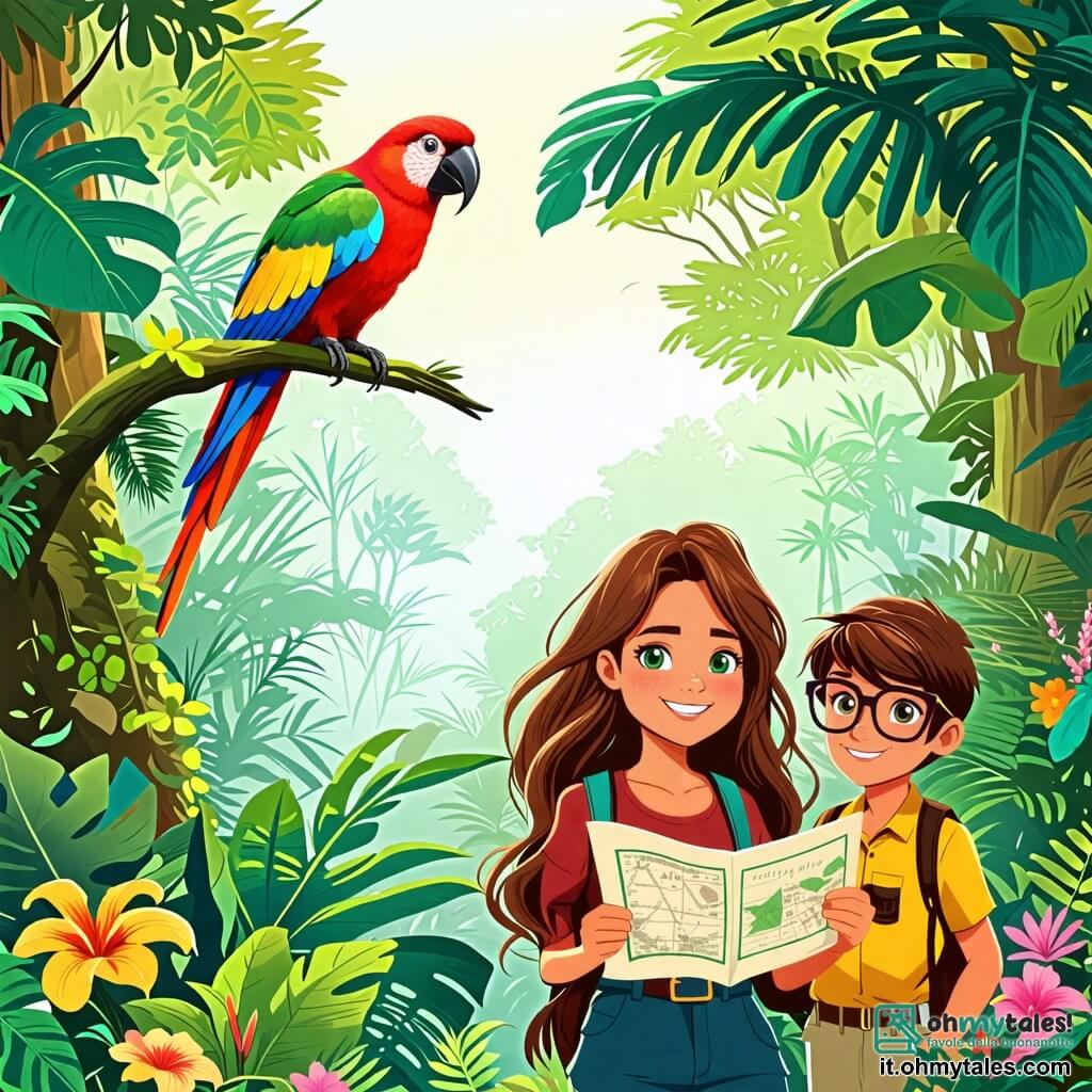 Une illustration sous forme de dessin destinée aux enfants représentant une jungle luxuriante avec des arbres géants aux feuilles vertes éclatantes et des fleurs colorées, où une jeune exploratrice aux longs cheveux bruns et aux yeux verts brillants, vêtue d'un short et d'un t-shirt, se tient avec un sourire déterminé, tenant une carte mystérieuse, tandis qu'à ses côtés, son meilleur ami, un garçon aux cheveux châtains et aux lunettes, observe attentivement un pappagallo coloré perché sur une branche, tous trois prêts à affronter une aventure palpitante à la recherche d'une plante rare dans un jardin secret.