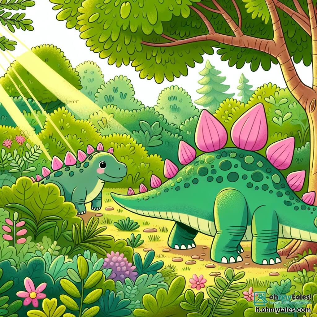 Une illustration sous forme de dessin destinée aux enfants représentant une forêt verdoyante et ensoleillée, avec un grand stégosaure aux écailles vertes et aux épines roses, qui se tient fièrement derrière un arbre, observant attentivement un bruit mystérieux dans les buissons, tandis que sa maman, un stégosaure plus petit avec des écailles brunes, l'encourage doucement à rester cachée, créant une atmosphère de curiosité et de courage au cœur de la nature.