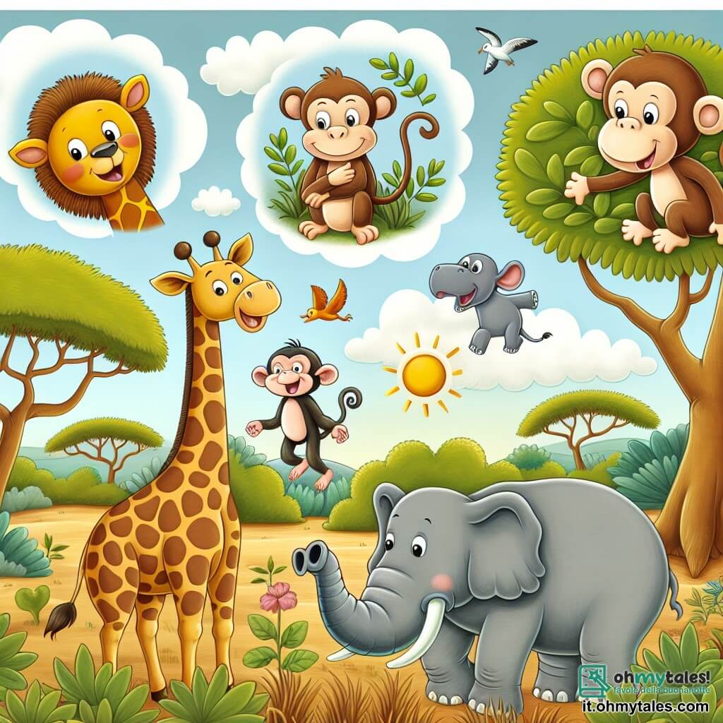 Une illustration destinée aux enfants représentant une girafe curieuse et très sociable, une scène de rire et de jeu avec une scimmia vispa, des ippopotami curieux et un éléphant timide, dans une savane africaine ensoleillée avec des alberi alti et un cespuglio mystérieux.