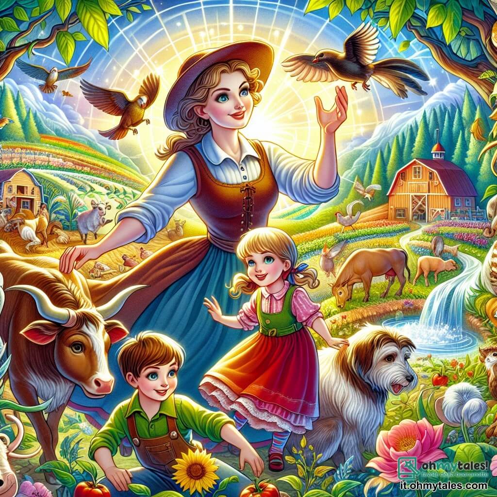 Une illustration destinée aux enfants représentant une courageuse fermière, une fillette et un garçon, dans une ferme colorée et animée, pleine d'animaux et de plantes, où ils découvrent les merveilles de la nature et l'importance de prendre soin de la terre.