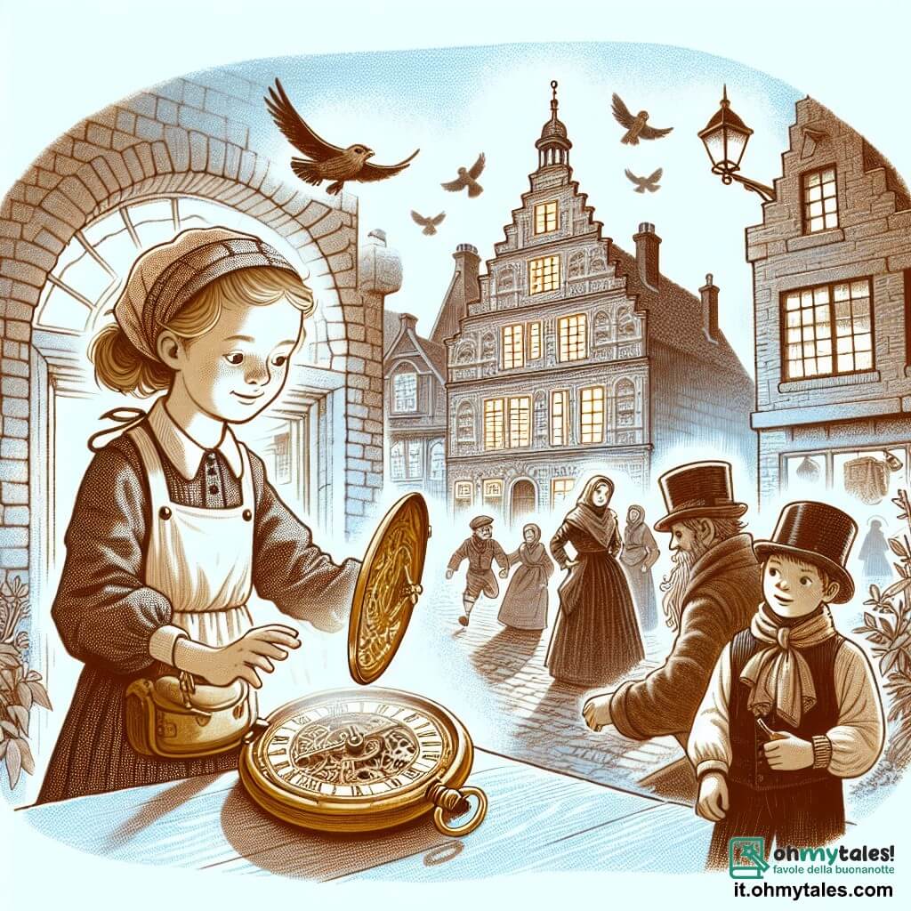 Une illustration destinée aux enfants représentant une fillette curieuse découvrant un mystérieux orologio da taschino dans son grenier, accompagnée d'un jeune inventeur garçon, se retrouvant soudainement transportés dans un village du 18ème siècle entouré d'édifices antiques et de personnes vêtues de costumes d'époque.