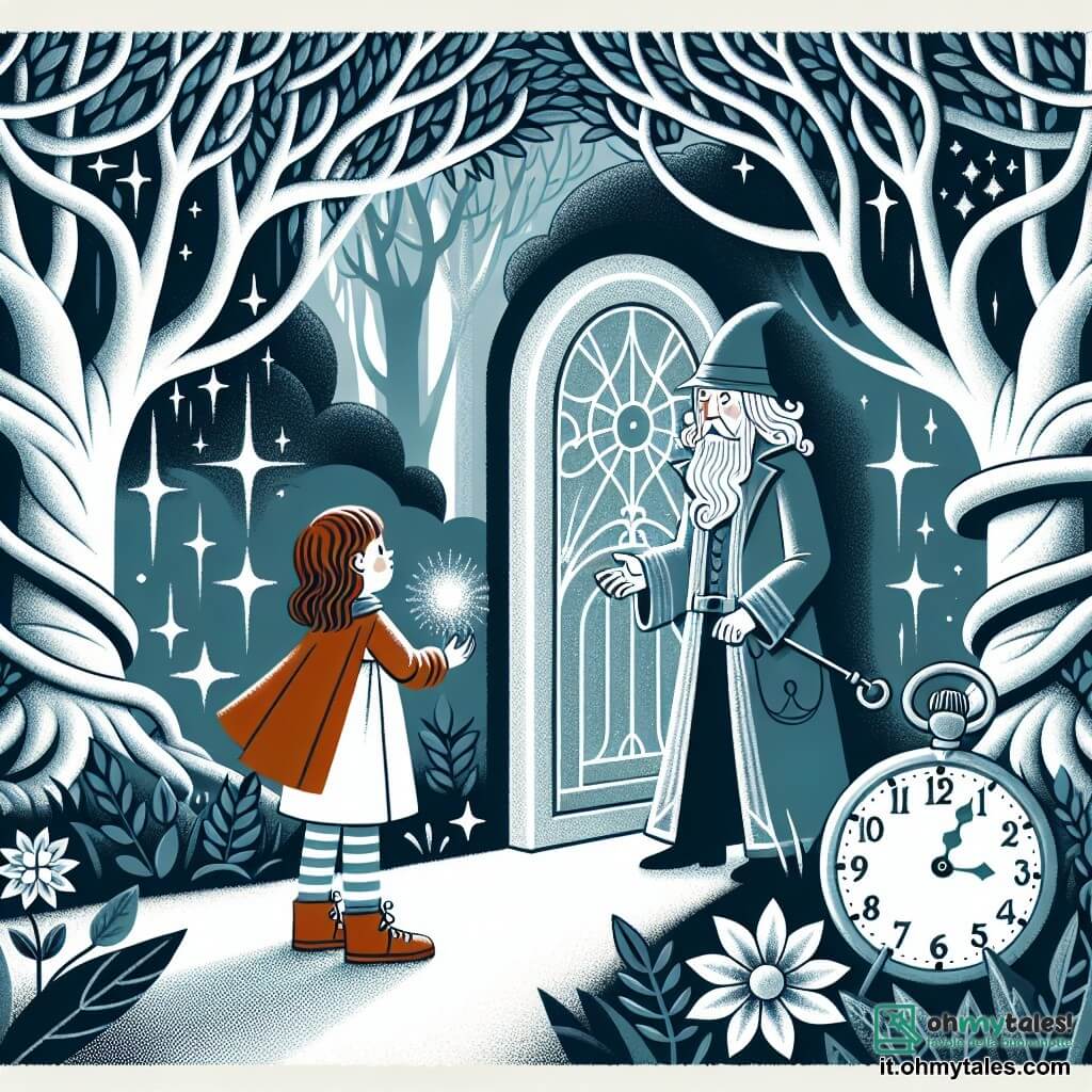 Une illustration destinée aux enfants représentant une fillette curieuse se tenant devant une porte scintillante, accompagnée d'un mystérieux gardien du temps, dans un bosco di Verdecampo, avec des alberi contorti et un orologio da tasca brillante.