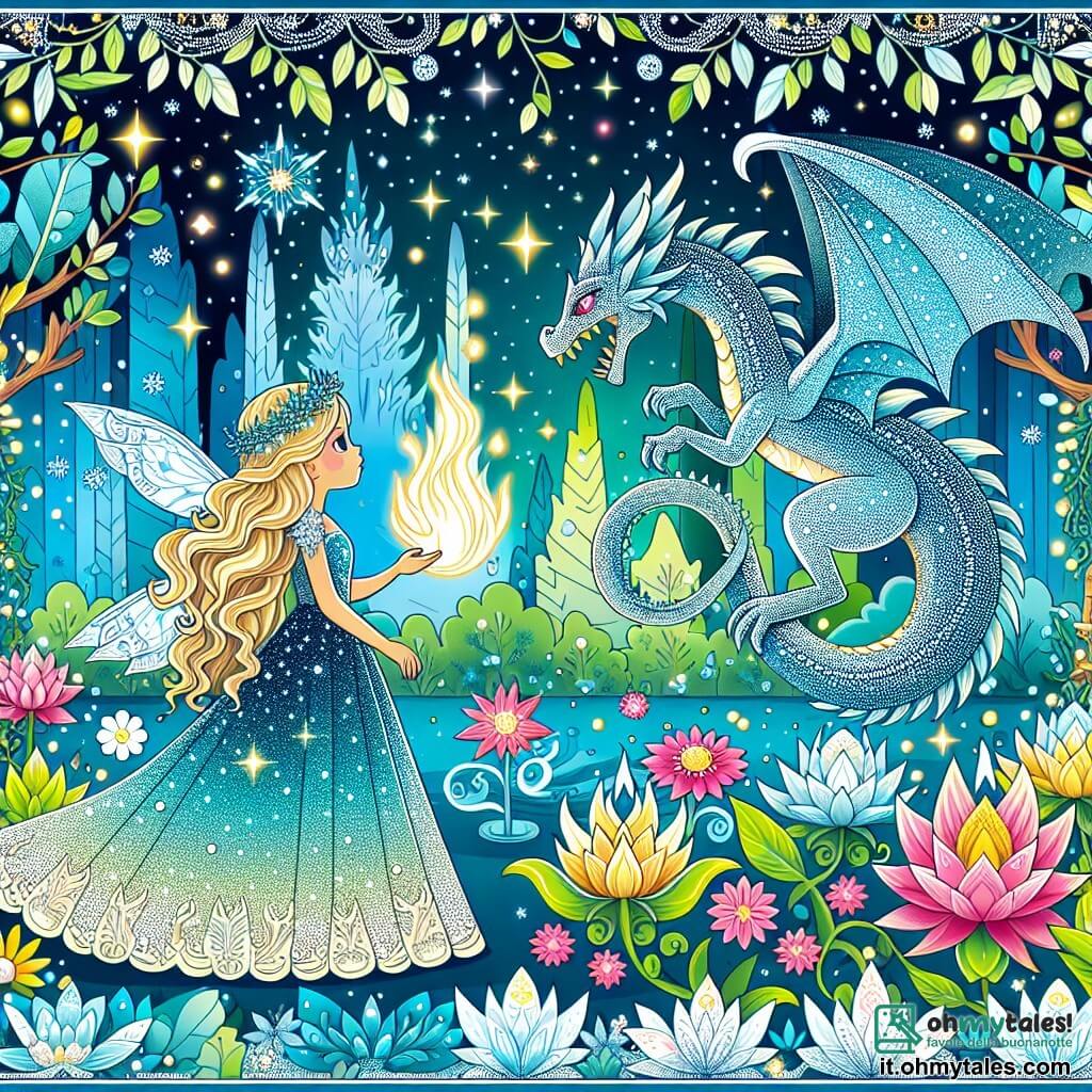 Une illustration destinée aux enfants représentant une belle femme vêtue d'une robe scintillante, faisant face à un dragon menaçant, dans un royaume magique aux arbres lumineux et aux fleurs enchantées.