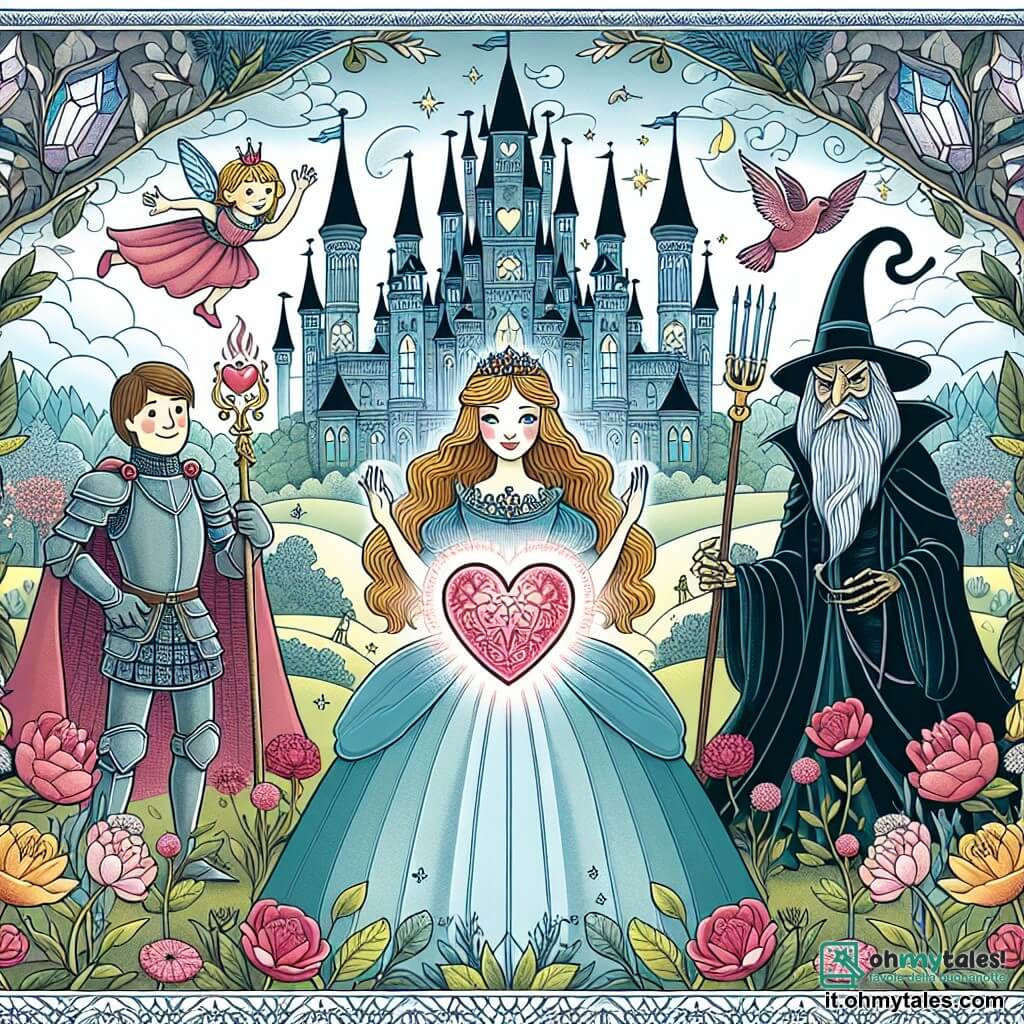 Une illustration destinée aux enfants représentant une princesse mystérieuse au cœur magique, un courageux chevalier et un maléfique stregone, dans un royaume enchanté aux tours de cristal et aux jardins fleuris, où l'amour triomphe toujours du mal.