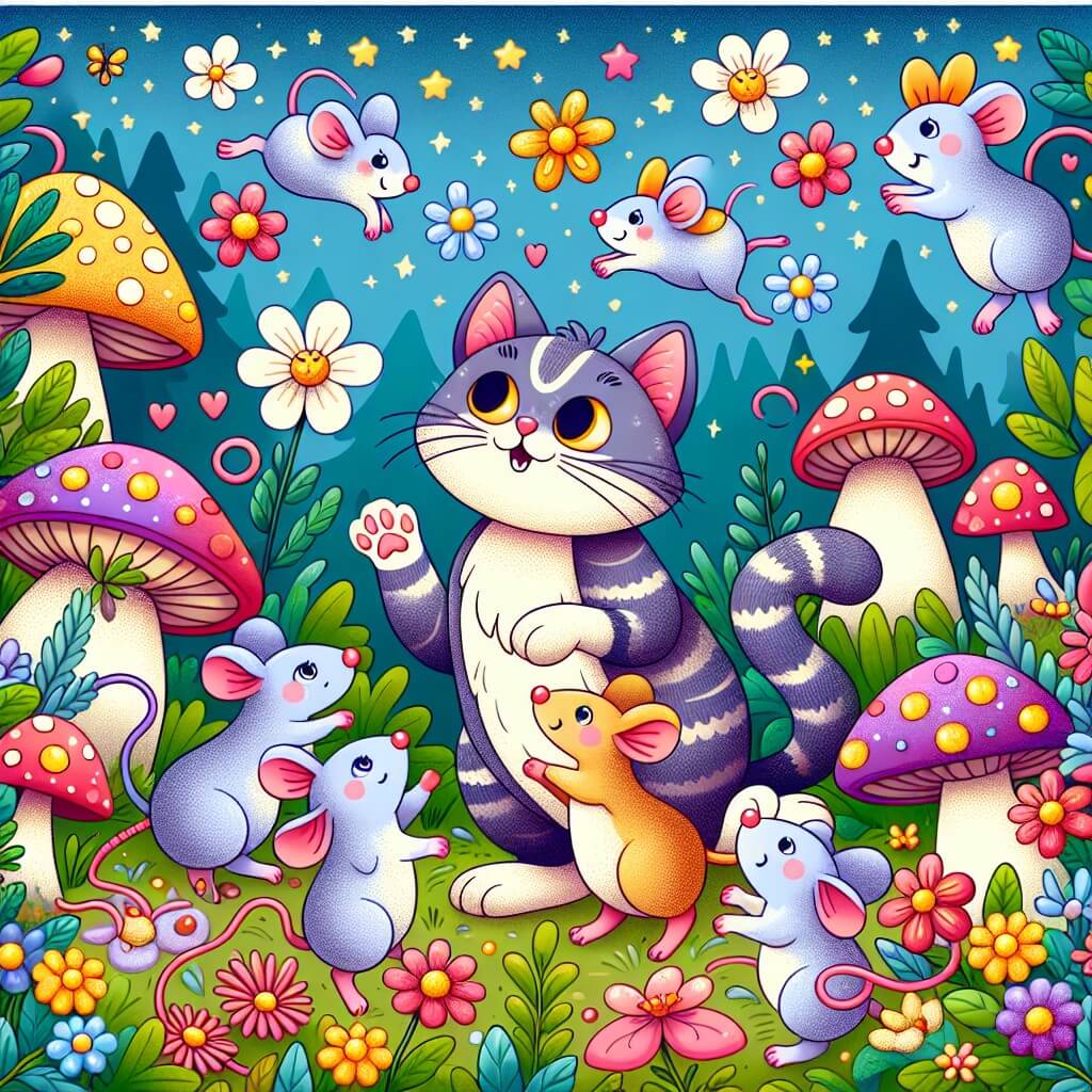 Une illustration destinée aux enfants représentant un chat espiègle s'amusant avec un groupe de souris dans un jardin enchanté rempli de fleurs colorées et de champignons magiques.