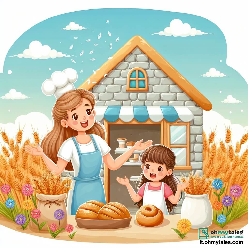 Une illustration destinée aux enfants représentant une boulangère passionnée qui réalise son rêve de devenir une experte en boulangerie, accompagnée de sa mère, dans une charmante petite boulangerie en pierre, entourée de champs de blé doré et de fleurs colorées.