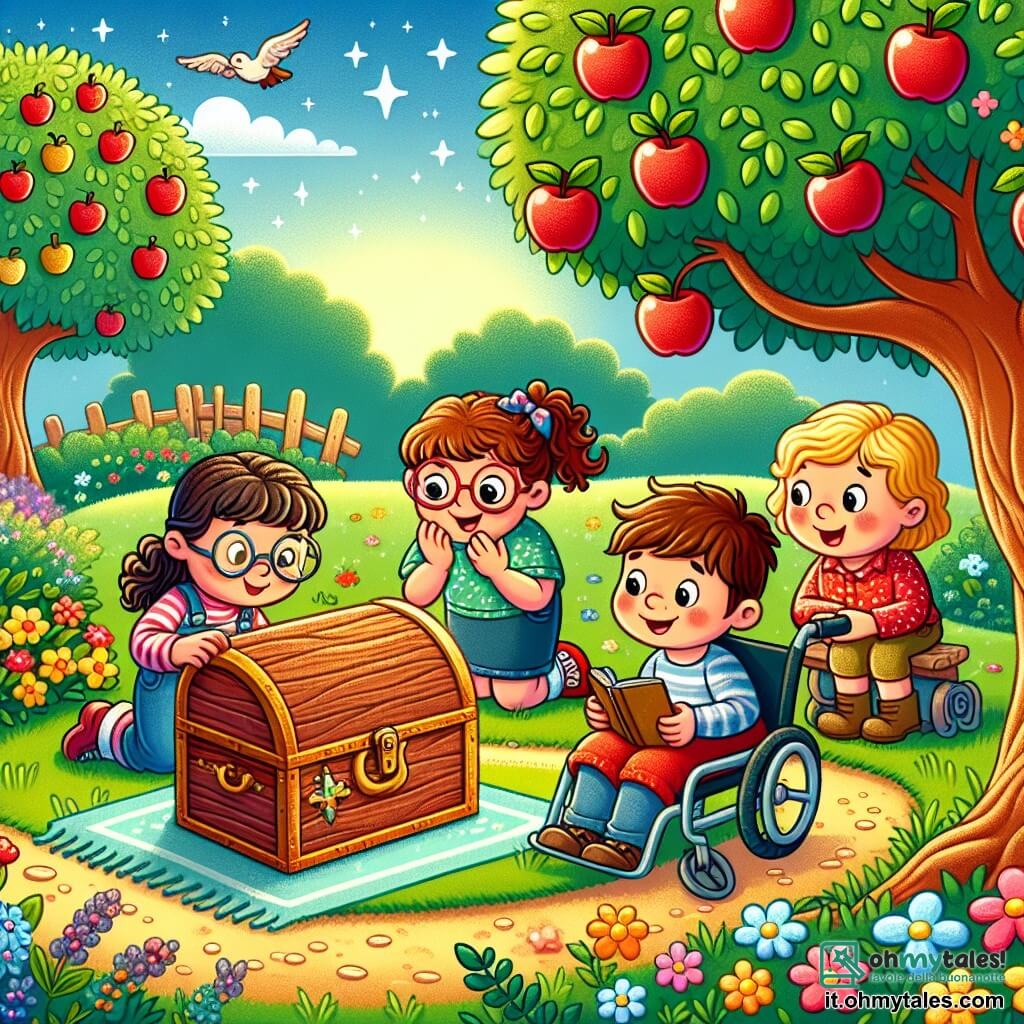 Illustrazione che rappresenta un parco soleggiato, con un grande albero di mele rosse e un piccolo sentiero tortuoso fiancheggiato da fiori colorati. Al centro della scena, quattro bambini sono riuniti attorno a un vecchio baule di legno coperto di muschio, appena scoperto. C'è una ragazza di otto anni, con capelli castani e occhiali, che tiene un taccuino e sembra molto concentrata. Accanto a lei, un'altra ragazza, sempre di otto anni, con capelli biondi ricci, sorride mostrando una piccola stella di legno che tiene in mano. Un ragazzo di otto anni, con capelli castani e occhi scintillanti, si asciuga le lacrime con un sorriso, mentre una ragazza di otto anni, in sedia a rotelle, guarda con entusiasmo il baule, gli occhi brillanti di eccitazione. La situazione principale mostra i bambini intenti a indagare, con espressioni di curiosità e determinazione sui loro volti. Sullo sfondo, il cielo è blu con alcune nuvole bianche e gli uccelli volano gioiosamente. Elementi grafici aggiuntivi includono foglie che cadono, giocattoli sparsi sul terreno e una leggera brezza che fa danzare i fiori.