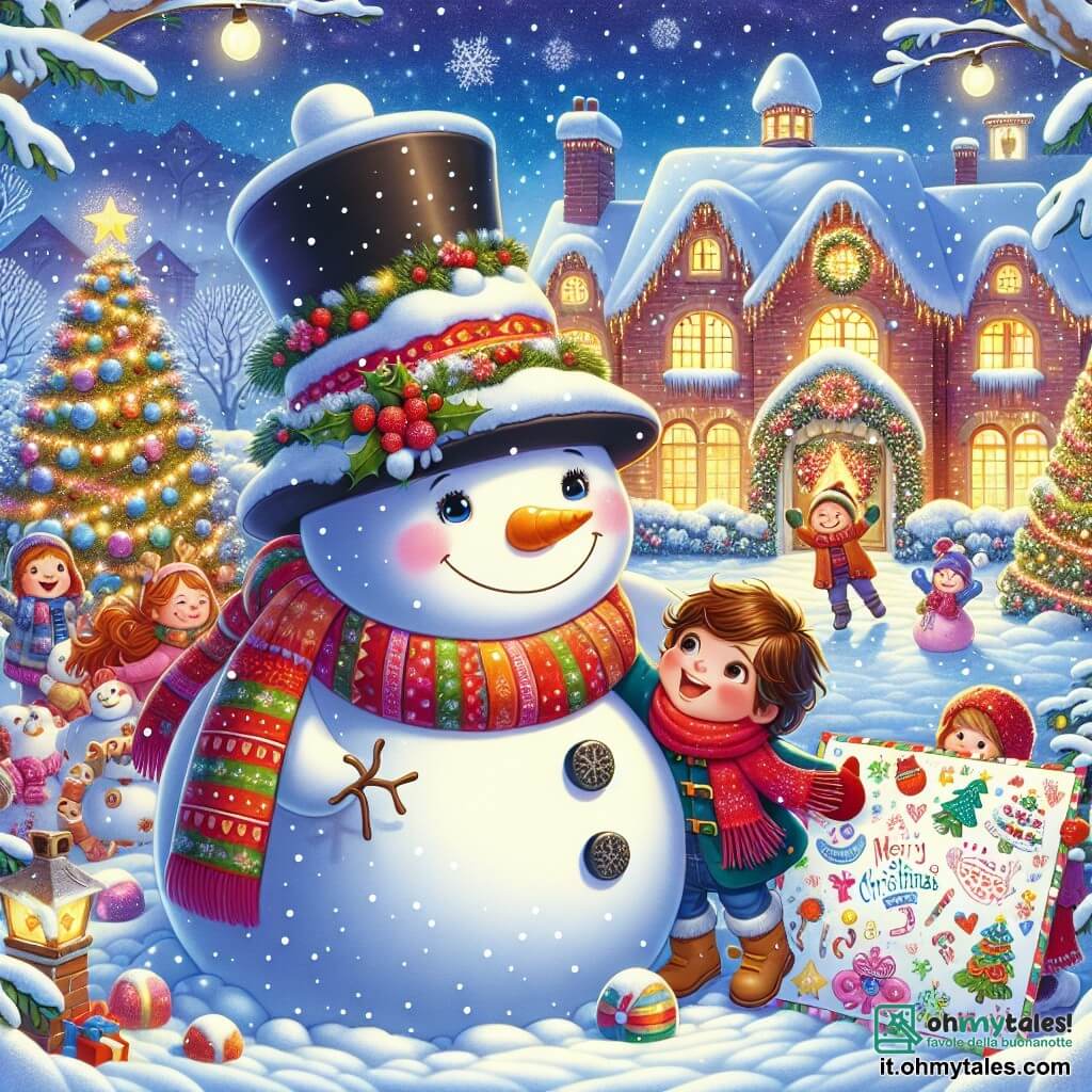 Illustrazione che rappresenta una scena magica di Natale in un giardino innevato. Il terreno è coperto da uno spesso strato di neve scintillante, e fiocchi di neve cadono dolcemente dal cielo azzurro. Al centro, un grande pupazzo di neve sorridente, con una sciarpa rossa brillante e un cappello nero, si erge fiero. Intorno a lui, un bambino di cinque anni, con capelli castani disordinati e occhi scintillanti, salta di gioia, vestito con una giacca colorata e un berretto di lana. Accanto a lui, una bambina di sei anni, con lunghi capelli ricci e un sorriso radioso, tiene un grande cartello decorato con disegni colorati e parole dolci. Indossa una sciarpa rosa e guanti abbinati. Sullo sfondo, un orfanotrofio accogliente, con finestre illuminate e ghirlande di Natale scintillanti, aggiunge un tocco di magia alla scena. I bambini, felici, guardano la loro creazione con meraviglia, circondati da alberi decorati e luci festive. L'atmosfera è piena di gioia e amore, catturando lo spirito del Natale condiviso.