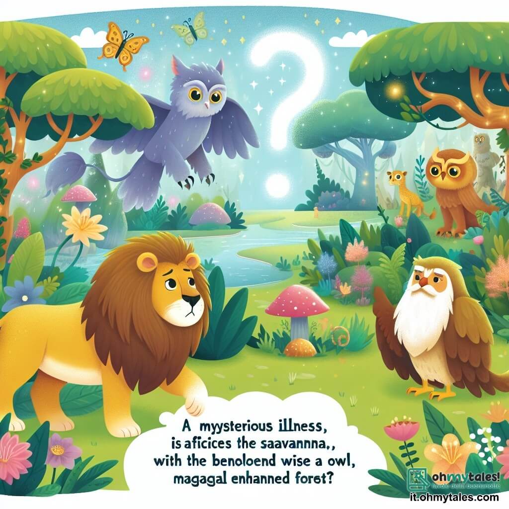 Une illustration destinée aux enfants représentant un majestueux lion au pelage doré, confronté à une maladie mystérieuse qui afflige la savane enchantée, avec la présence bienveillante d'un vieux gufo sage, dans la luxuriante et magique forêt incantée.