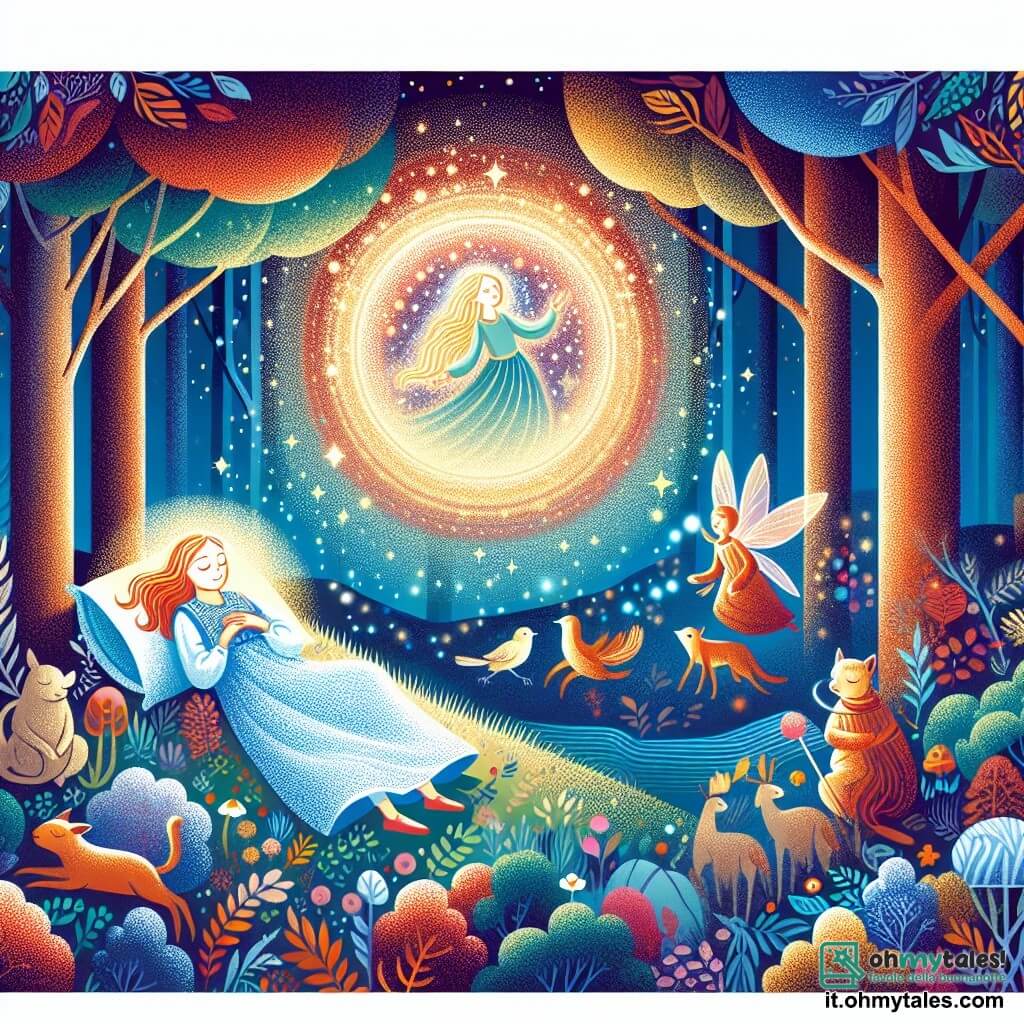 Une illustration destinée aux enfants représentant une jeune fille endormie, entourée d'un halo de lumière, dans un magnifique bosquet enchanté où les arbres brillent de mille couleurs et les animaux parlent entre eux, tandis qu'une fée bienveillante veille sur elle.