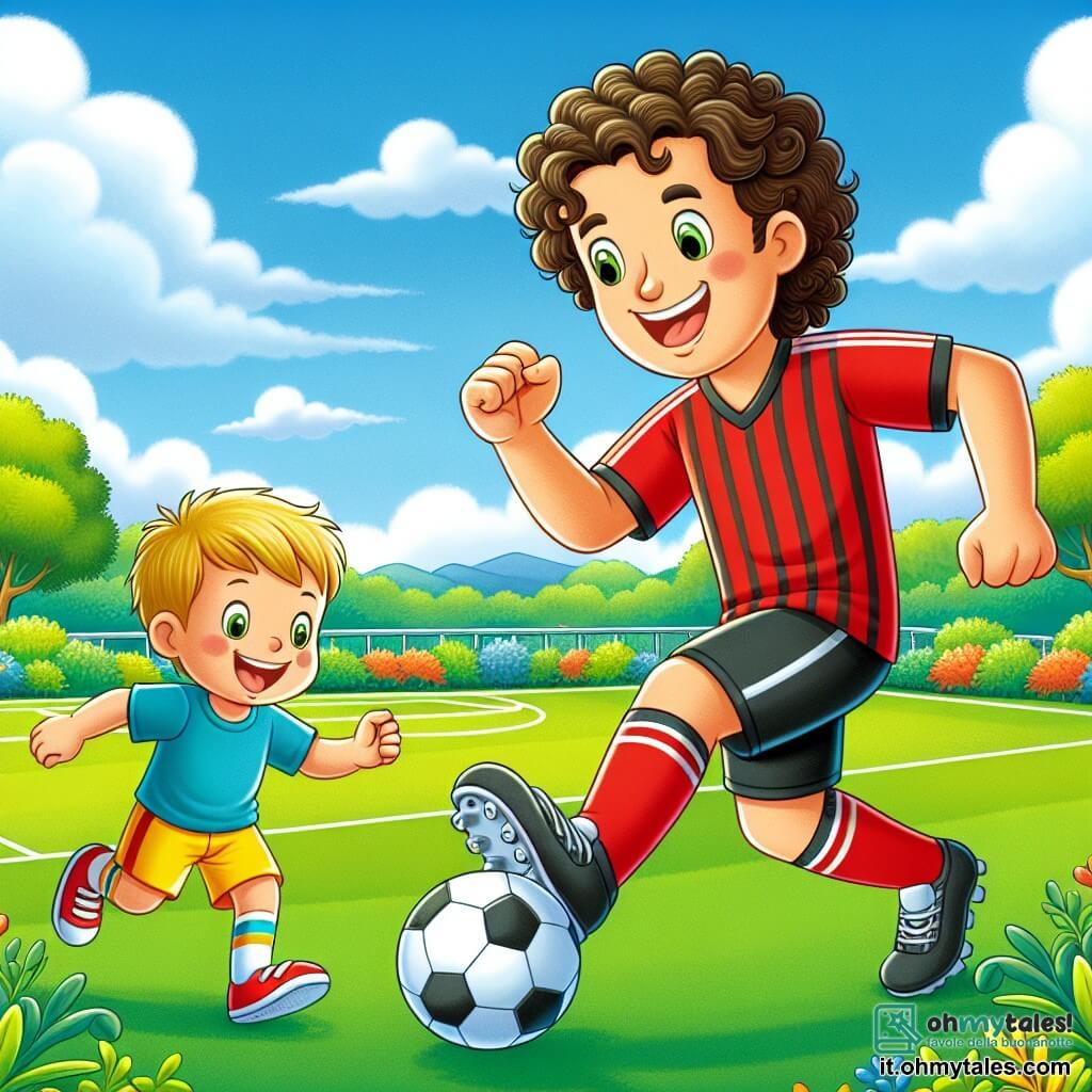 Une illustration sous forme de dessin destinée aux enfants représentant un terrain de football verdoyant sous un ciel ensoleillé, avec un homme aux cheveux bruns et bouclés, portant un maillot rouge et un short noir, en train de dribbler un ballon avec enthousiasme, tandis qu'un garçon aux cheveux blonds et courts, vêtu d'un t-shirt bleu et de shorts jaunes, le regarde avec admiration, tous deux souriant et entourés de fleurs colorées et d'arbres, illustrant l'amitié et la joie de jouer au football ensemble.