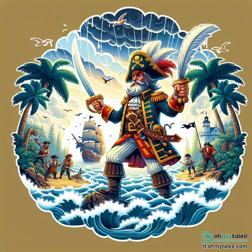 Une illustration destinée aux enfants représentant un fier capitaine pirate, au cœur d'une bataille épique contre des pirates rivaux, sur une île mystérieuse entourée d'une mer agitée et de palmiers touffus.