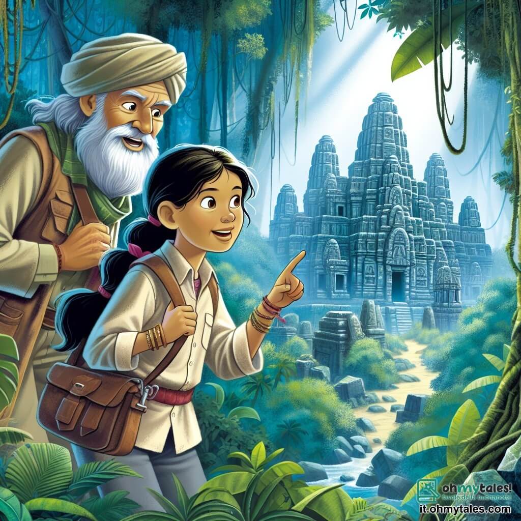 Une illustration destinée aux enfants représentant une jeune archéologue passionnée, un professeur barbu et sage, explorant une cité perdue enveloppée de végétation luxuriante et de ruines antiques dans la profondeur d'une jungle mystérieuse.