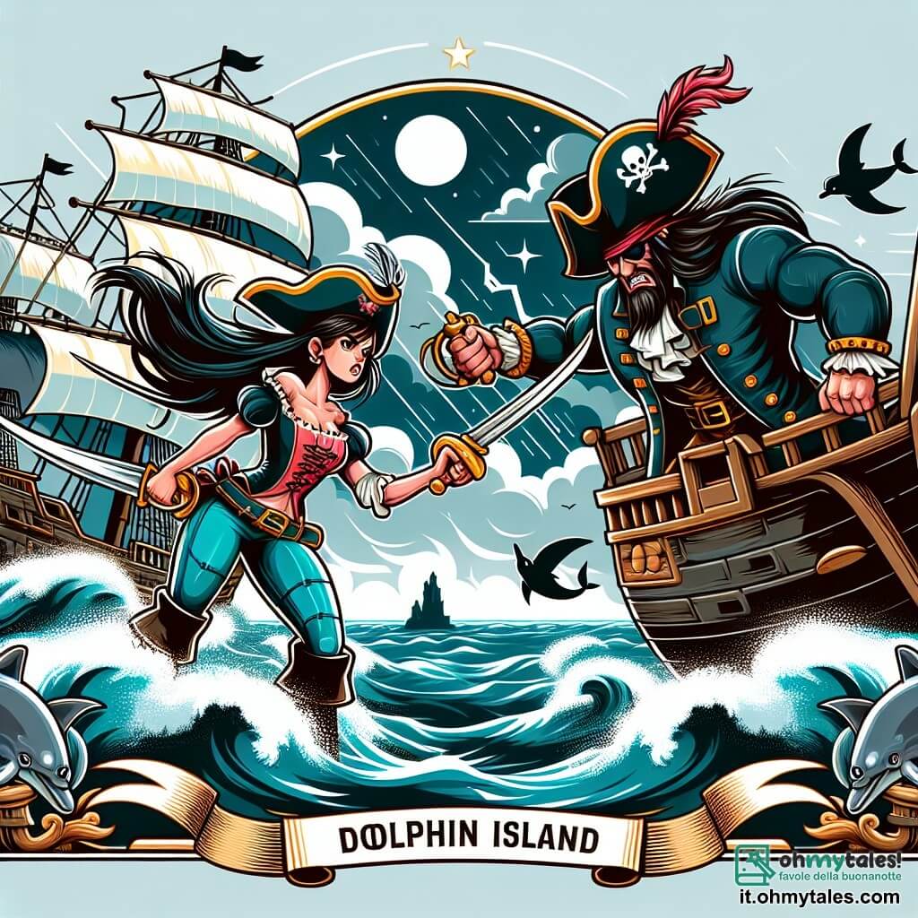 Une illustration destinée aux enfants représentant une femme pirate courageuse brandissant son épée, affrontant un pirate maléfique sur un navire en pleine tempête, avec des vagues déchaînées et un ciel sombre en arrière-plan, sur l'Isola dei Delfini.