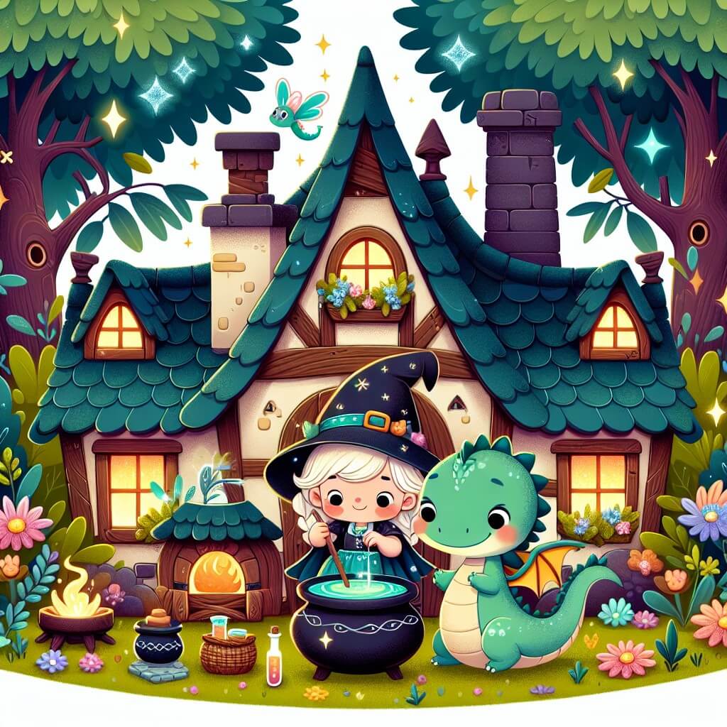 Une illustration destinée aux enfants représentant une apprentie sorcière maladroite, en train de préparer une potion magique avec l'aide d'un petit dragon espiègle, dans une charmante maisonnette au toit pointu, entourée d'un magnifique bosquet enchanté rempli de fleurs lumineuses et d'arbres aux feuilles chatoyantes.