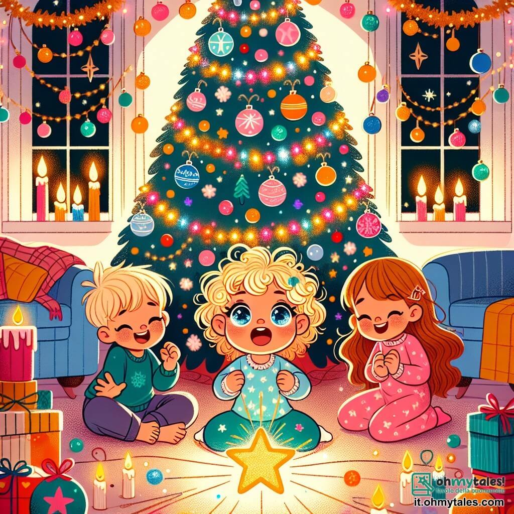 Une illustration sous forme de dessin destinée aux enfants représentant un salon chaleureux décoré pour Noël, avec un grand arbre scintillant rempli de guirlandes et de boules colorées, au centre une petite fille de 1 an aux yeux brillants et aux cheveux bouclés, assise sur le sol, émerveillée par une étoile lumineuse posée sur la table, entourée de ses amis, un garçon aux cheveux blonds et une fille aux cheveux châtains, tous deux souriants et joyeux, partageant des câlins et chantant des chansons de Noël, créant une atmosphère magique et festive.