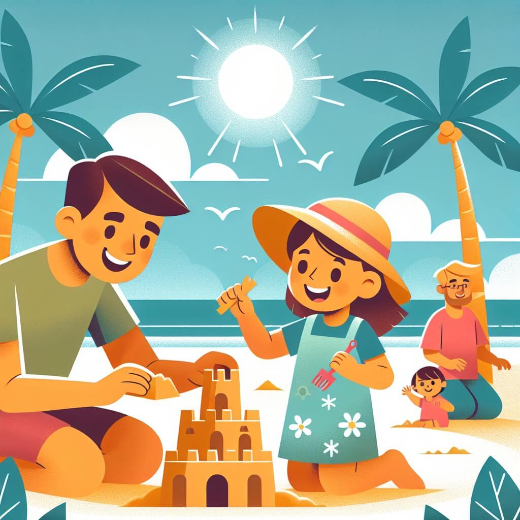 Une illustration destinée aux enfants représentant une jeune fille pleine d'enthousiasme, à la plage, en train de construire un château de sable avec l'aide de sa famille, entourée de palmiers, sous un ciel bleu et un soleil éclatant.