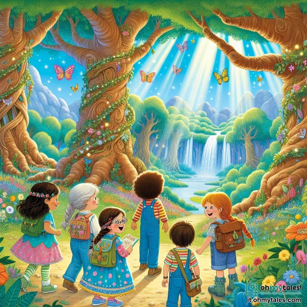 Illustrazione che rappresenta una scena magica nel cuore di una foresta incantata. Gli alberi maestosi, con tronchi spessi e nodosi, si ergono verso un cielo blu punteggiato di nuvole soffici. Raggi di sole filtrano tra il fogliame, illuminando una piccola radura dove si trova una cascata scintillante, circondata da fiori colorati e farfalle danzanti. Nella radura, quattro giovani avventurieri sono riuniti. Una ragazza di dieci anni, con lunghi capelli castani e occhiali rotondi, indossa una salopette di jeans e una maglietta colorata. Tiene una mappa di carta e guarda intorno a sé con occhi brillanti di eccitazione. Accanto a lei, un'altra ragazza, sempre di dieci anni, ha capelli biondi intrecciati e un sorriso radioso. Indossa un vestito a fiori e tiene uno zainetto pieno di snack. Un ragazzo di dieci anni, con capelli castani spettinati e una maglietta a righe, sta mostrando una piccola creatura magica, simile a un mix tra un coniglio e una volpe, che si nasconde dietro una roccia. Infine, un'altra ragazza, con capelli neri e ricci, indossa dei pantaloni corti e sandali, e sta prendendo appunti in un quaderno, affascinata dalla scena che si svolge davanti a lei. La situazione principale mostra i bambini che scoprono una creatura misteriosa e adorabile, circondati dalla bellezza della natura. Elementi grafici aggiuntivi includono fiori vivaci, uccelli colorati che volano nel cielo e raggi di luce che filtrano tra le foglie, creando un'atmosfera di magia e avventura.