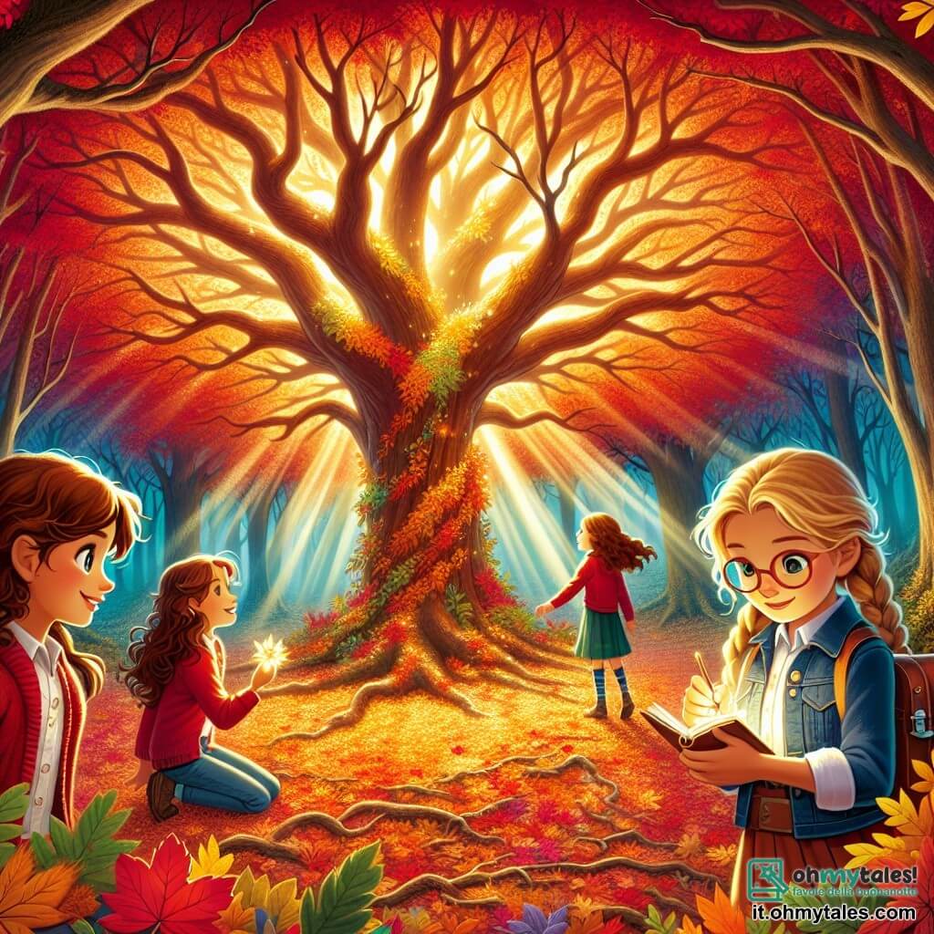 Illustrazione che rappresenta una radura incantata nel cuore di un bosco autunnale, dove le foglie degli alberi si tingono di rosso, arancione e giallo, creando un tappeto colorato a terra. Al centro, un grande albero maestoso con rami estesi, le cui foglie brillano di una luce dorata, come se fossero illuminate dall'interno. Tre ragazze di circa undici anni si trovano intorno all'albero. Una di loro, con i capelli ricci castani e un sorriso radioso, indossa un maglione rosso e osserva attentamente una foglia brillante nella sua mano. La seconda, con i capelli biondi intrecciati, è vestita con una giacca di jeans e sembra incantata, gli occhi spalancati, come se stesse scoprendo un segreto. La terza, con i capelli castani lisci e occhiali, prende appunti in un piccolo quaderno, concentrata sulla magia del momento. La scena emana un'atmosfera di curiosità e meraviglia, mentre le ragazze esplorano le leggende dell'autunno. Piccoli animali, come scoiattoli e uccelli colorati, aggiungono un tocco di vita all'illustrazione, mentre i raggi di sole filtrano tra i rami, illuminando la radura con una dolce luce.