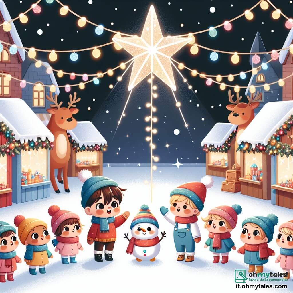 Une illustration sous forme de dessin destinée aux enfants représentant un charmant marché de Noël illuminé, avec des stands colorés et des guirlandes scintillantes, où un groupe de jeunes enfants de 1 an, avec des bonnets de Noël et des écharpes colorées, s'émerveille devant une grande étoile brillante, tandis qu'une petite renne aux yeux pétillants et un joyeux bonhomme de neige aux bras en branches les entourent, tous souriant et prêts à aider le garçon aux cheveux bruns qui cherche sa maman dans cette atmosphère festive et magique.
