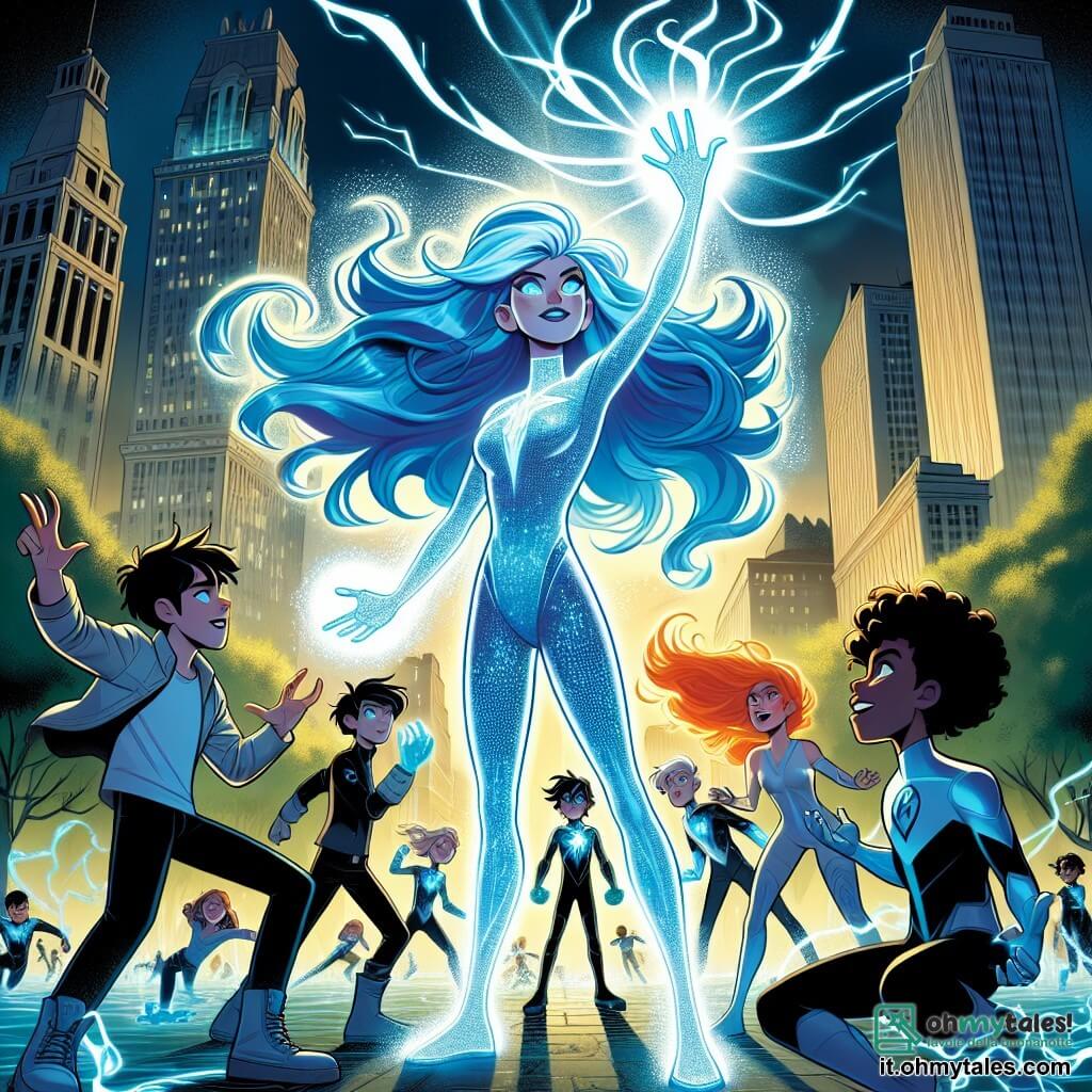 Une illustration sous forme de dessin destinée aux enfants représentant un parc central animé de la ville de Luminas, où une super-héroïne aux longs cheveux bleu électrique et aux yeux brillants, vêtue d'une tuta scintillante, se tient fièrement au centre, levant les bras vers le ciel pour libérer une puissante onde d'énergie lumineuse, tandis qu'un groupe de jeunes héros – un garçon aux cheveux bruns crépus, concentré sur la création d'illusions de lumière, une fille musclée aux cheveux roux, prête à attaquer, et un garçon aux cheveux noirs, visiblement nerveux mais déterminé – l'entoure, tous unis pour affronter une créature sombre menaçante qui émerge des ombres, symbolisant leur lutte contre l'obscurité et leur engagement à protéger leur ville.