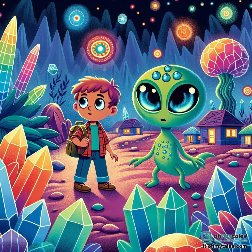 Une illustration destinée aux enfants représentant un garçon curieux se retrouvant sur une planète alien avec l'aide d'un alien vert aux grands yeux lumineux, entourés de plantes gigantesques aux couleurs changeantes et de cristalli luminosi dans un village fait de maisons de cristal sur le planète Zorak.
