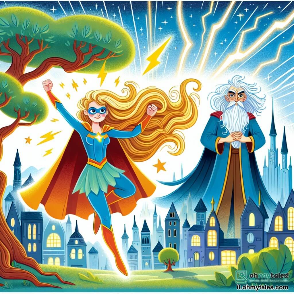 Une illustration destinée aux enfants représentant une super-héroïne aux cheveux dorés brillants affrontant un vilain maléfique, accompagnée d'un sage mentor masculin aux yeux sages, dans une ville enchantée où les arbres chantent et le ciel est peint de couleurs vives.