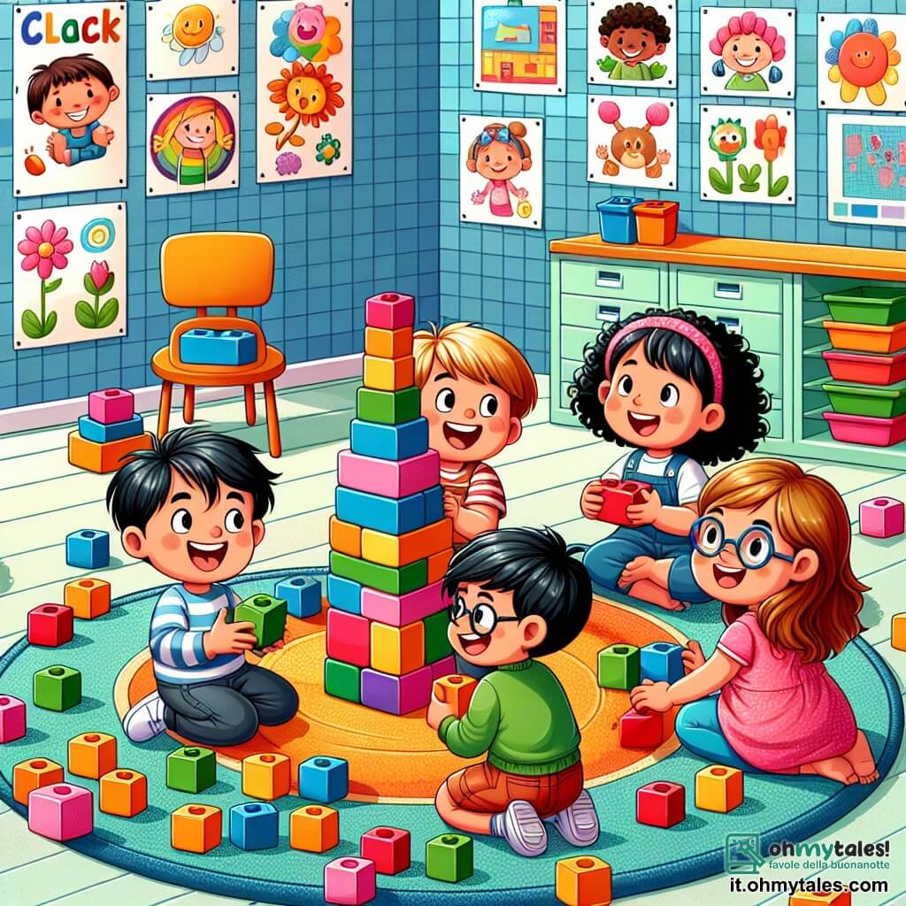 Illustrazione che rappresenta un'aula luminosa e colorata, con pareti decorate da disegni di bambini e poster educativi. Al centro, un tappeto rotondo dove sono seduti quattro bambini, circondati da blocchi di costruzione colorati. C'è un ragazzo di circa 8 anni, con i capelli castani disordinati e un grande sorriso, che spiega a un altro bambino come impilare i blocchi. Accanto a lui, un ragazzo biondo, un po' più piccolo, ride allegramente tenendo un blocco tra le mani. Una ragazza con i capelli lunghi e neri, con occhiali, osserva attentamente, pronta ad aggiungere un blocco alla torre. Infine, un ragazzo con i capelli ricci, un po' più timido, osserva con meraviglia, un sorriso timido sul volto. La scena mostra i bambini intenti a costruire una grande torre di blocchi, con scoppi di risate ed espressioni di concentrazione. Blocchi colorati sono sparsi intorno a loro, e alcuni disegni di animali e paesaggi sono visibili sulle pareti, aggiungendo un tocco gioioso all'ambiente. La luce del sole entra dalla finestra, illuminando la stanza e creando un'atmosfera calda e accogliente.