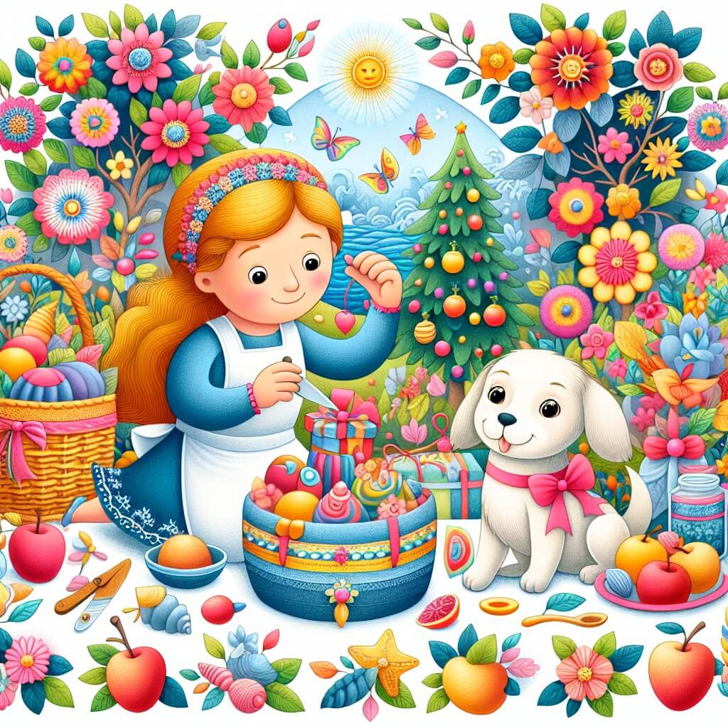 Une illustration destinée aux enfants représentant une petite fille créative et pleine d'amour qui prépare des cadeaux spéciaux pour sa maman, avec l'aide de son fidèle compagnon canin, dans un jardin fleuri et coloré rempli de conchiglie brillantes et d'arbres aux branches chargées de délicieux fruits.