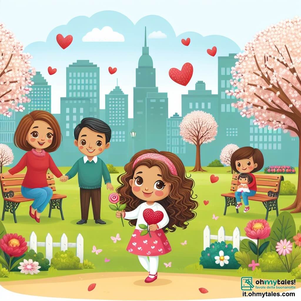 Une illustration destinée aux enfants représentant une fillette aux boucles brunes, une famille joyeuse, un parc ensoleillé parsemé d'arbres en fleurs et de bancs colorés, le tout célébrant la fête de Saint-Valentin avec amour et créativité.