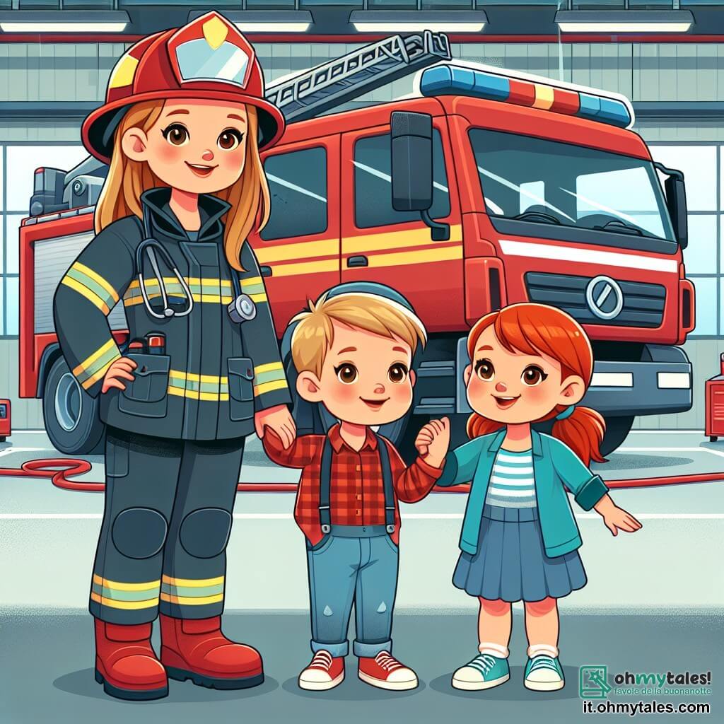 Une illustration destinée aux enfants représentant une femme pompier courageuse, accompagnée de deux enfants curieux, un garçon et une fille, se déroulant dans une stazione dei pompieri con camion rossi e attrezzature speciali.