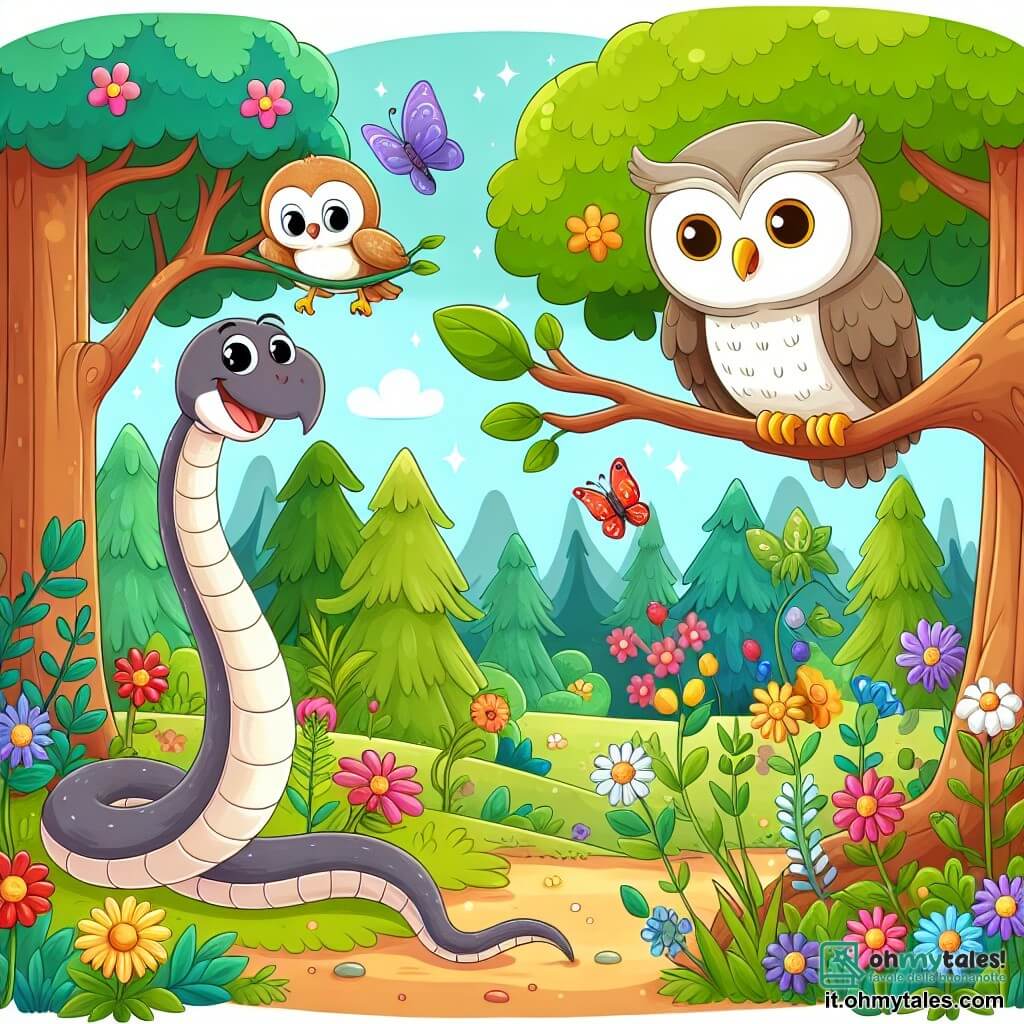 Une illustration destinée aux enfants représentant un serpent curieux se balançant d'arbre en arbre, accompagné d'un sage gufo aux yeux brillants, explorant un bosco magico pieno di colorati fiori e alberi maestosi.