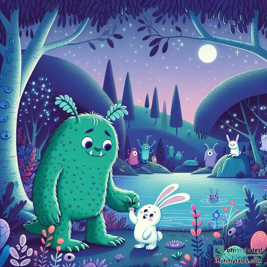 Une illustration sous forme de dessin destinée aux enfants représentant une forêt enchantée de Nembrolandia, avec des arbres aux feuilles scintillantes et un ciel aux teintes de bleu et violet au crépuscule ; au premier plan, un monstre au cœur tendre, avec une peau verte couverte de petites protubérances, de grandes oreilles pointues et une longue queue, qui sourit en tenant la patte d'un petit coniglietto blanc aux yeux ronds et tristes, tandis qu'ils se tiennent sur la rive d'un lac étincelant, prêts à partir à l'aventure pour retrouver la famille du coniglietto, entourés de fleurs colorées et de créatures magiques curieuses qui les observent.