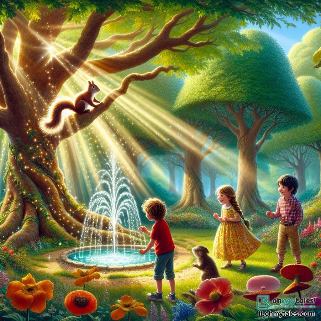 Illustrazione che rappresenta una scena magica in una radura soleggiata del Bosco dei Pensieri. Gli alberi maestosi, con tronchi spessi e foglie brillanti, formano un verdeggiante scrigno, mentre una fontana scintillante al centro della radura proietta gocce d'acqua luminose, creando un delicato arcobaleno nell'aria. Tre bambini si sono riuniti attorno alla fontana: un ragazzo di circa 8 anni, con capelli castani e ricci, indossa una maglietta rossa e pantaloni blu, osserva meravigliato l'acqua che sprizza; una ragazza di circa 7 anni, con lunghi capelli biondi intrecciati, vestita con un abito giallo a fiori, sorride gioiosamente ascoltando le storie della natura; e un ragazzo di circa 9 anni, con capelli neri e lisci, indossando una camicia a quadri e pantaloni beige, gesticola entusiasta mentre condivide i suoi pensieri. La scena principale mostra i bambini intenti ad ascoltare un piccolo scoiattolo birichino, appollaiato su un ramo, che racconta loro storie di saggezza e felicità. La luce del sole filtra tra le foglie, creando motivi danzanti sul terreno, e fiori colorati bordano la radura, aggiungendo un tocco di magia a questa scena di amicizia e scoperta.