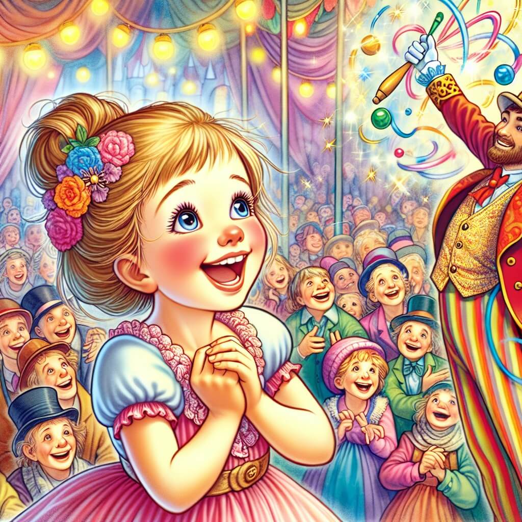 Une illustration destinée aux enfants représentant une jeune fille pleine de vie, émerveillée par les performances d'un jongleur talentueux, dans un cirque coloré et animé, où la magie et les sourires règnent en maîtres.