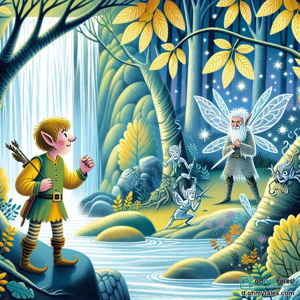 Une illustration destinée aux enfants représentant un lutin timide et courageux, confronté à des épreuves terrifiantes pour sauver une fée emprisonnée par des follets malicieux, dans une forêt enchantée aux arbres aux feuilles d'or scintillantes et aux ruisseaux cristallins.