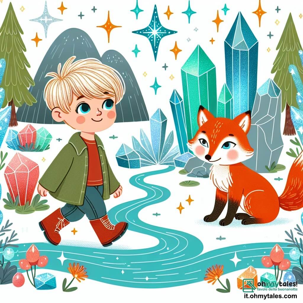 Une illustration destinée aux enfants représentant un jeune garçon minuscule, aux bottes magiques, marchant à travers une forêt enchantée en compagnie d'un renard malicieux, dans un royaume de cristal scintillant aux arbres lumineux et aux rivières d'émeraude.