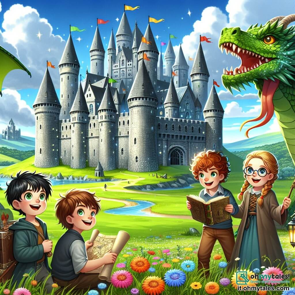 Illustrazione che rappresenta un maestoso castello medievale, con grandi torri in pietra grigia e bandiere colorate che sventolano al vento. Il cielo è di un blu splendente, punteggiato da nuvole bianche e soffici, e un grande campo verde si estende davanti al castello, costellato di fiori selvatici. In primo piano, quattro bambini sono riuniti: un ragazzo di circa 10 anni, con capelli castani arruffati e un sorriso malizioso, che tiene una mappa antica; una ragazza di circa 9 anni, con capelli biondi intrecciati e occhiali, che osserva attentamente il castello con occhi brillanti di curiosità; un ragazzo di circa 11 anni, con capelli neri e un'espressione sognante, che tiene un libro aperto; e una ragazza di circa 10 anni, con capelli rossi e lentiggini, che indica un maestoso drago che si avvicina, con squame verdi e occhi scintillanti. La scena cattura il momento in cui i bambini, meravigliati, scoprono il drago che si avvicina a loro, pronto a iniziare una conversazione amichevole. Elementi grafici aggiuntivi includono fiori colorati intorno a loro, uccelli che volano nel cielo e un'atmosfera gioiosa e magica, simboleggiando avventura e amicizia.