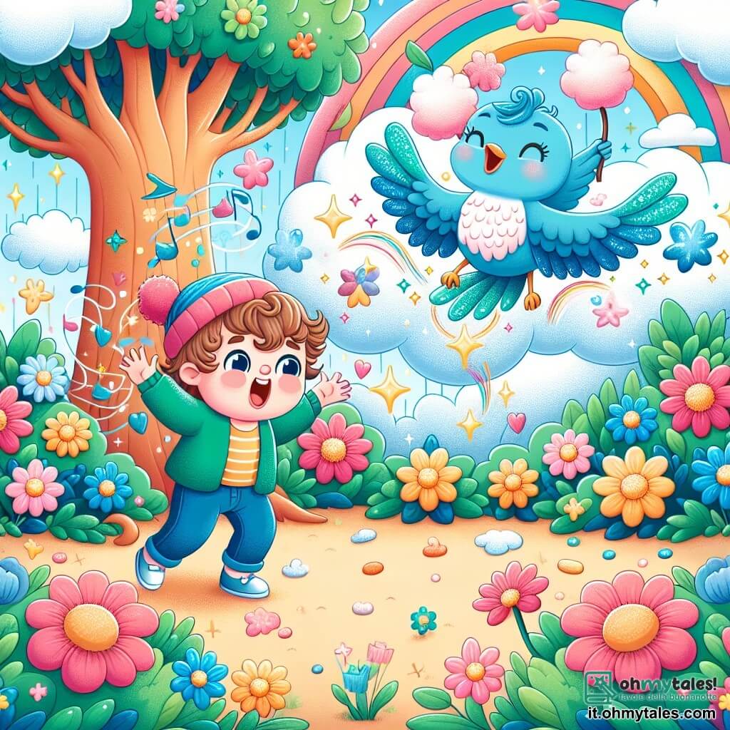 Une illustration sous forme de dessin destinée aux enfants représentant un jardin enchanté, rempli de fleurs colorées et d'un grand arbre aux feuilles scintillantes, où un petit garçon d'environ un an, avec des cheveux bouclés et un sourire éclatant, danse joyeusement en chantant, tandis qu'un petit oiseau bleu aux plumes brillantes vole autour de lui, créant des nuages de sucre filé qui flottent dans l'air, illustrant un moment magique et humoristique de leur aventure.