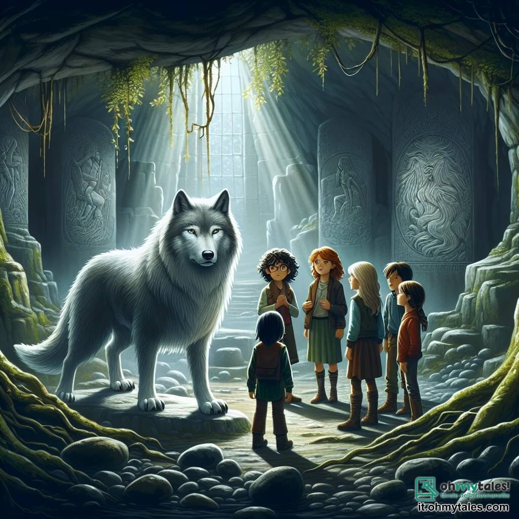 Illustrazione che rappresenta una scena in una caverna misteriosa, dove la luce soffusa filtra attraverso le fessure nella roccia, creando ombre danzanti sulle pareti. Il pavimento è coperto di pietre lisce e umide, e radici di alberi si intrecciano attorno alle pareti, aggiungendo un tocco di natura selvaggia. Al centro dell'immagine, un grande lupo maestoso, con pelliccia argentata e occhi brillanti, si erge con una postura sia nobile che triste, guardando i personaggi con curiosità. Accanto a lui, quattro ragazze, di età compresa tra i 10 e i 12 anni, si tengono in cerchio attorno a lui. Una di esse, con capelli castani e occhiali, mostra un'espressione determinata, mentre un'altra, con capelli biondi e ricci, sorride con benevolenza. Una terza, con capelli neri e una treccia, sembra attenta, e l'ultima, con capelli rossi e lentiggini, è pronta a fare un passo avanti. La situazione principale mostra le ragazze che discutono con il lupo, i loro volti illuminati dalla luce dolce della caverna, simboleggiando un momento di comprensione e riconciliazione. Sullo sfondo, antichi disegni sulle pareti della caverna raccontano storie della foresta, aggiungendo un'atmosfera magica alla scena. Foglie verdi e fiori selvatici si trovano vicino all'ingresso della caverna, suggerendo la vita che prospera all'esterno.
